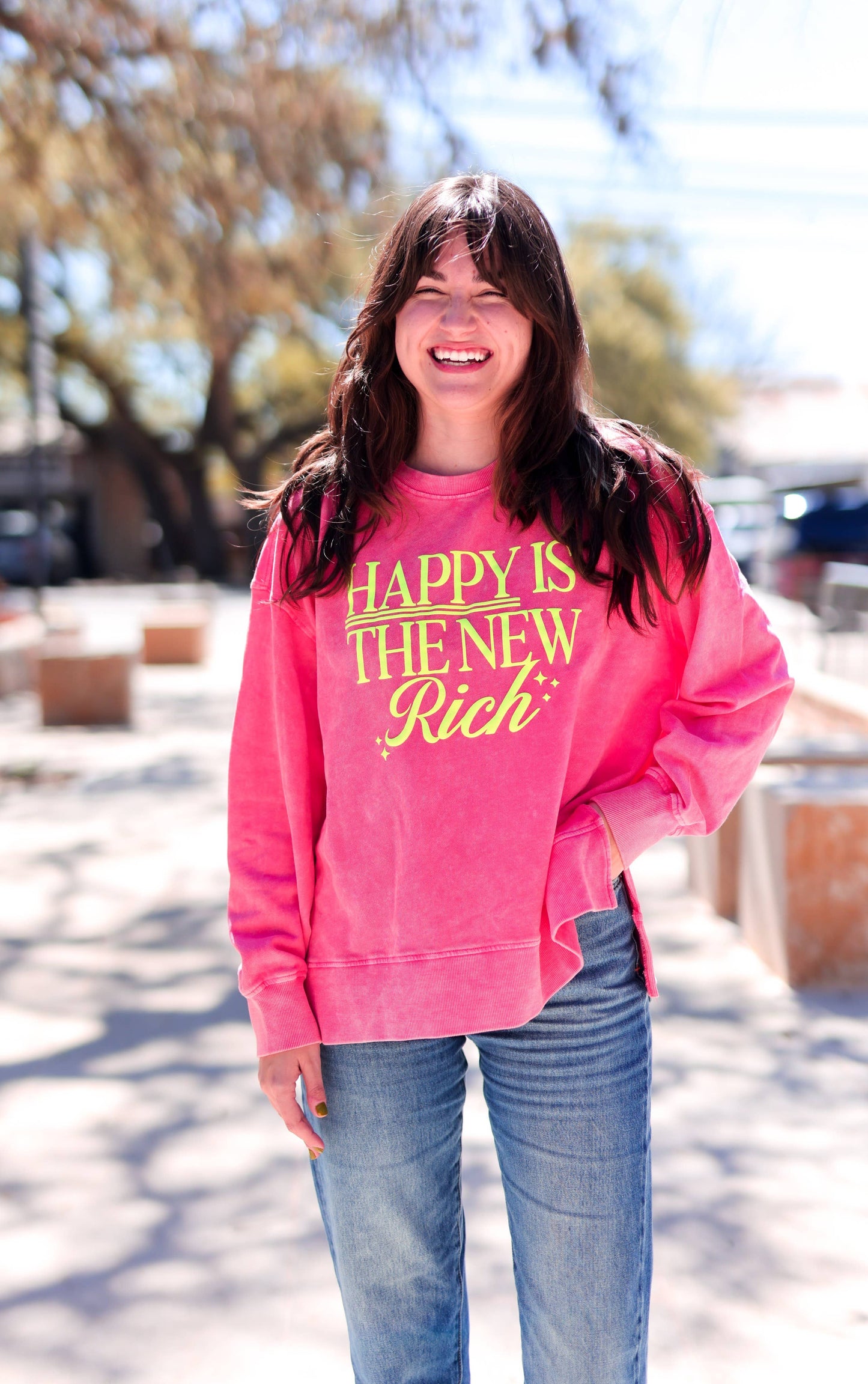 Happy Is The New Rich (Deep Coral) - Mineral Wash Pullover