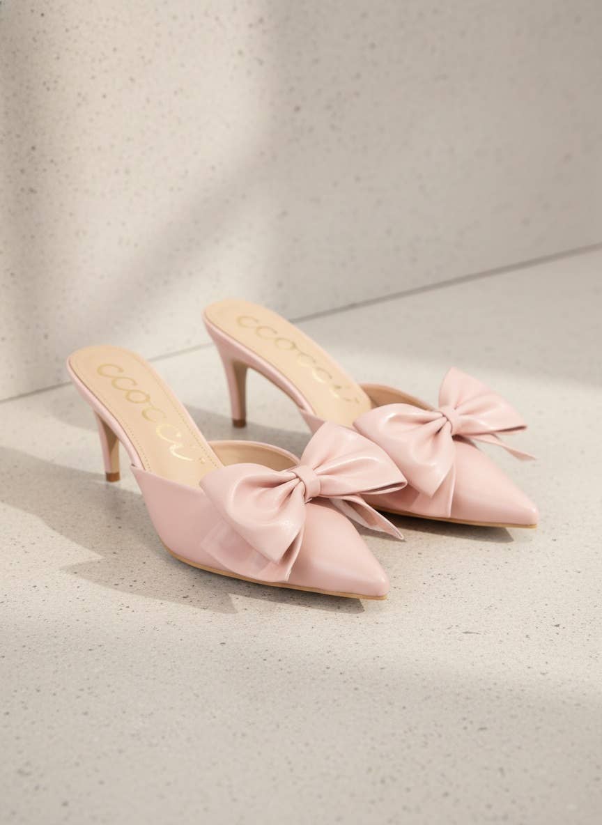 Carol Pointed Toe Kitten Heel Mules with Oversized Statement: Blush