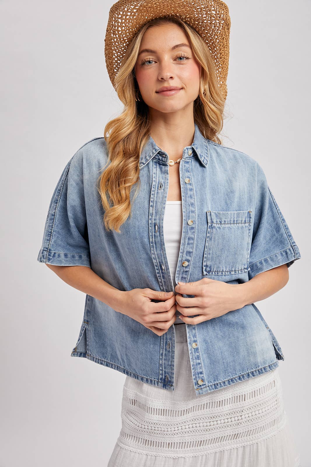 Denim Button Down Short Sleeve Boxy Shirt: Lt. Wash