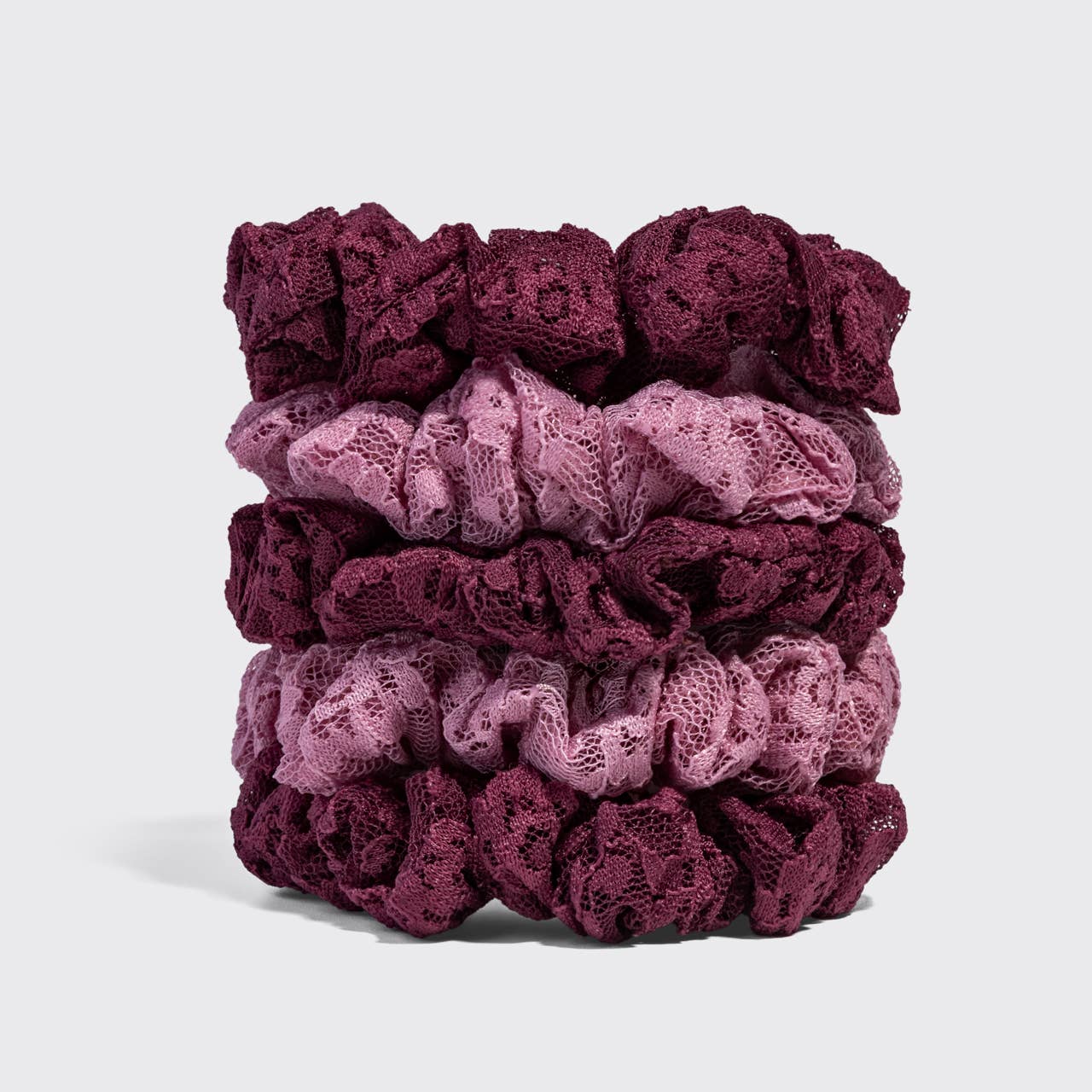 Ruched Lace Scrunchies 5pc Set - Cherry Lacquer & Dusty Pink