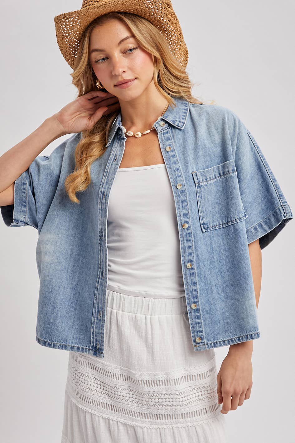 Denim Button Down Short Sleeve Boxy Shirt: Lt. Wash