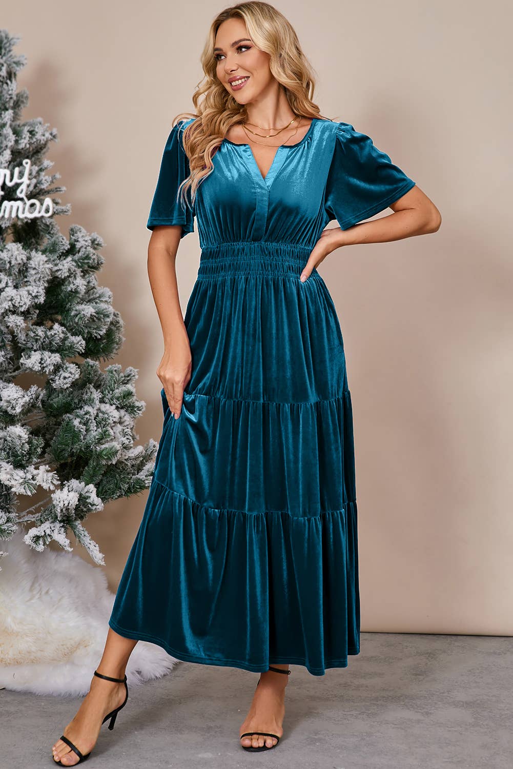 Chic Velvet Shirred Waist Tiered Fall Maxi Dress