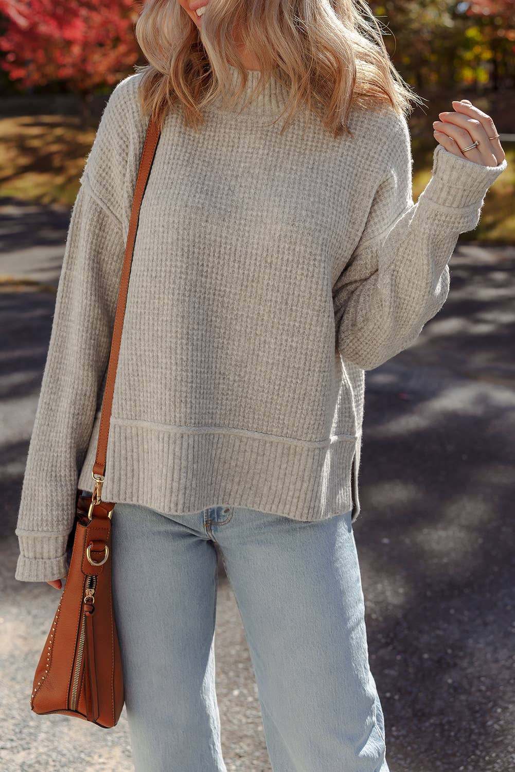 Waffle Texture Knit Ribbed Mock Neck Drop Shoulder Sweater: Gray Morn