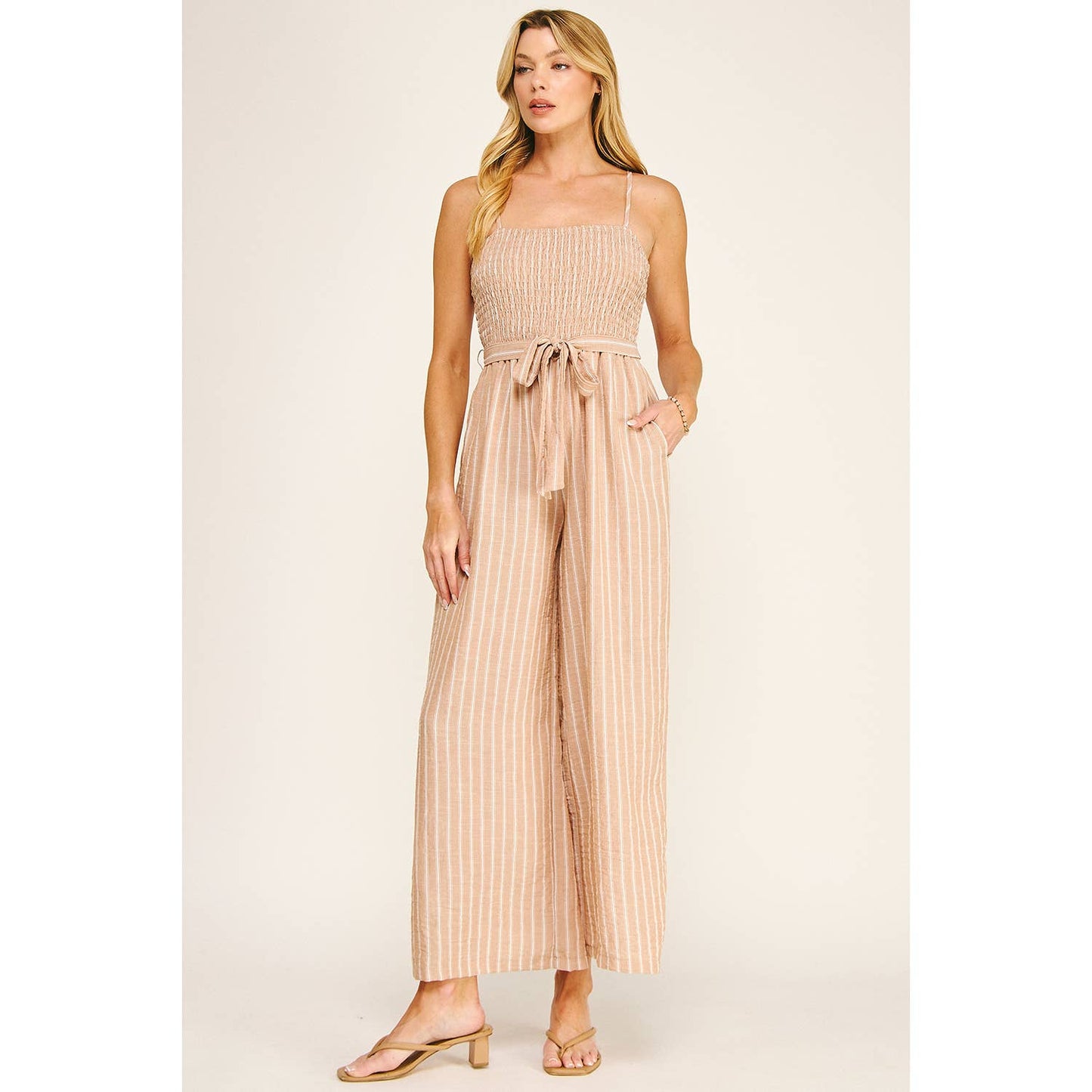 Coastal Stripe Smocked Wide Leg Jumpsuit: Tan