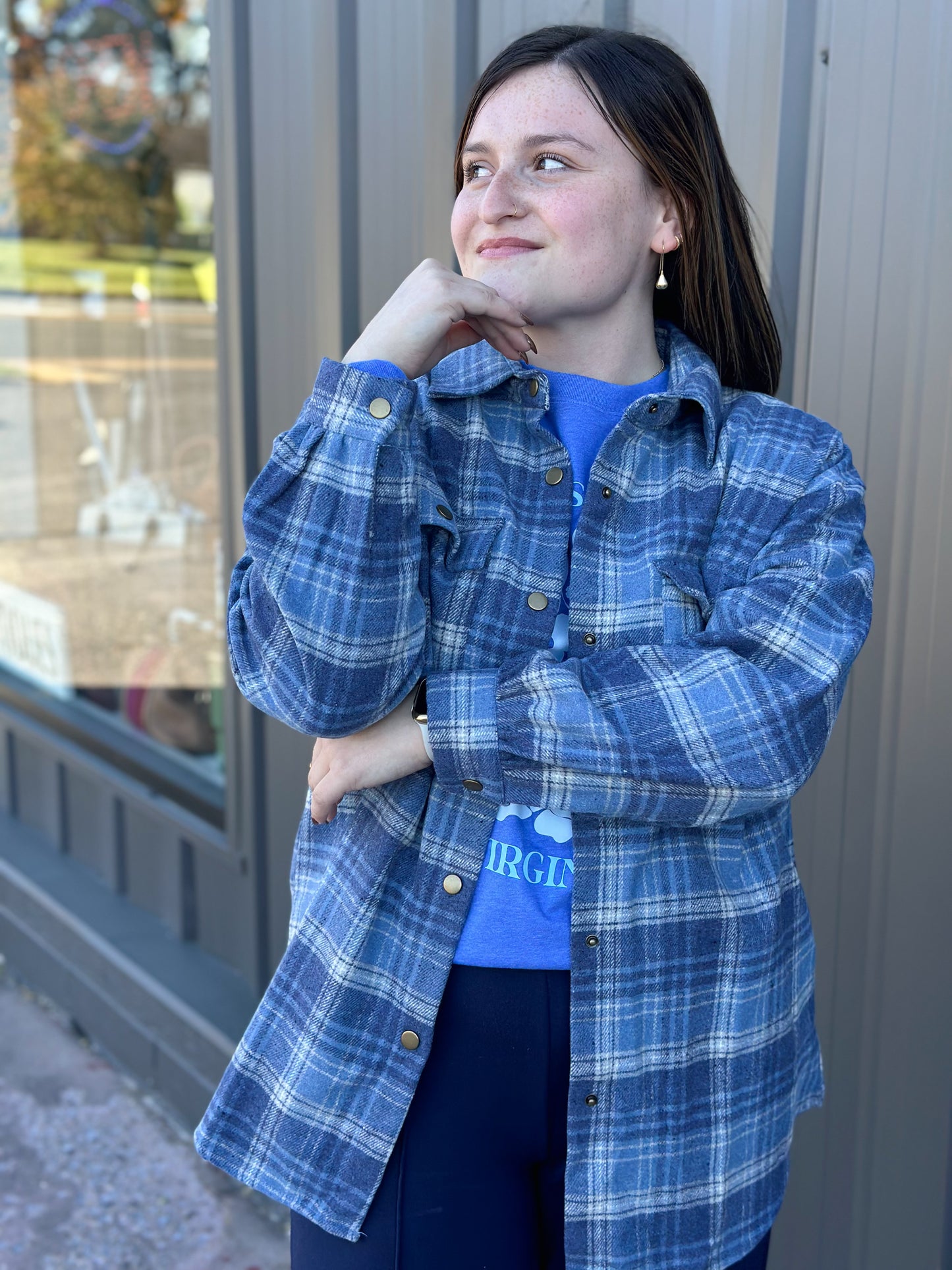 Flannel Plaid Shacket - Blue