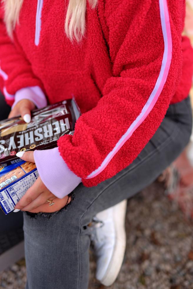 Around the Clock Teddy Quarter Zip Pullover- Cherry Red