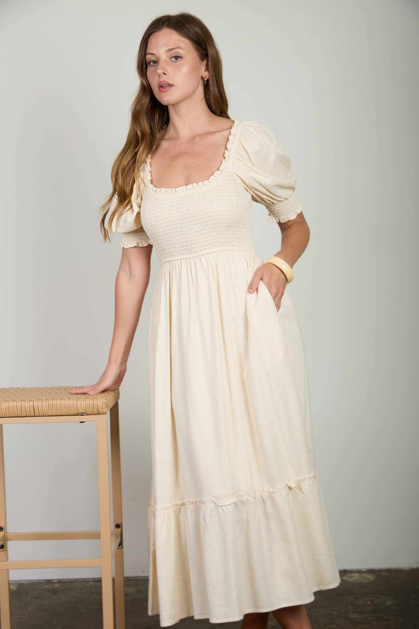 Anne Smocked Puff Sleeve Midi Dress: Cream