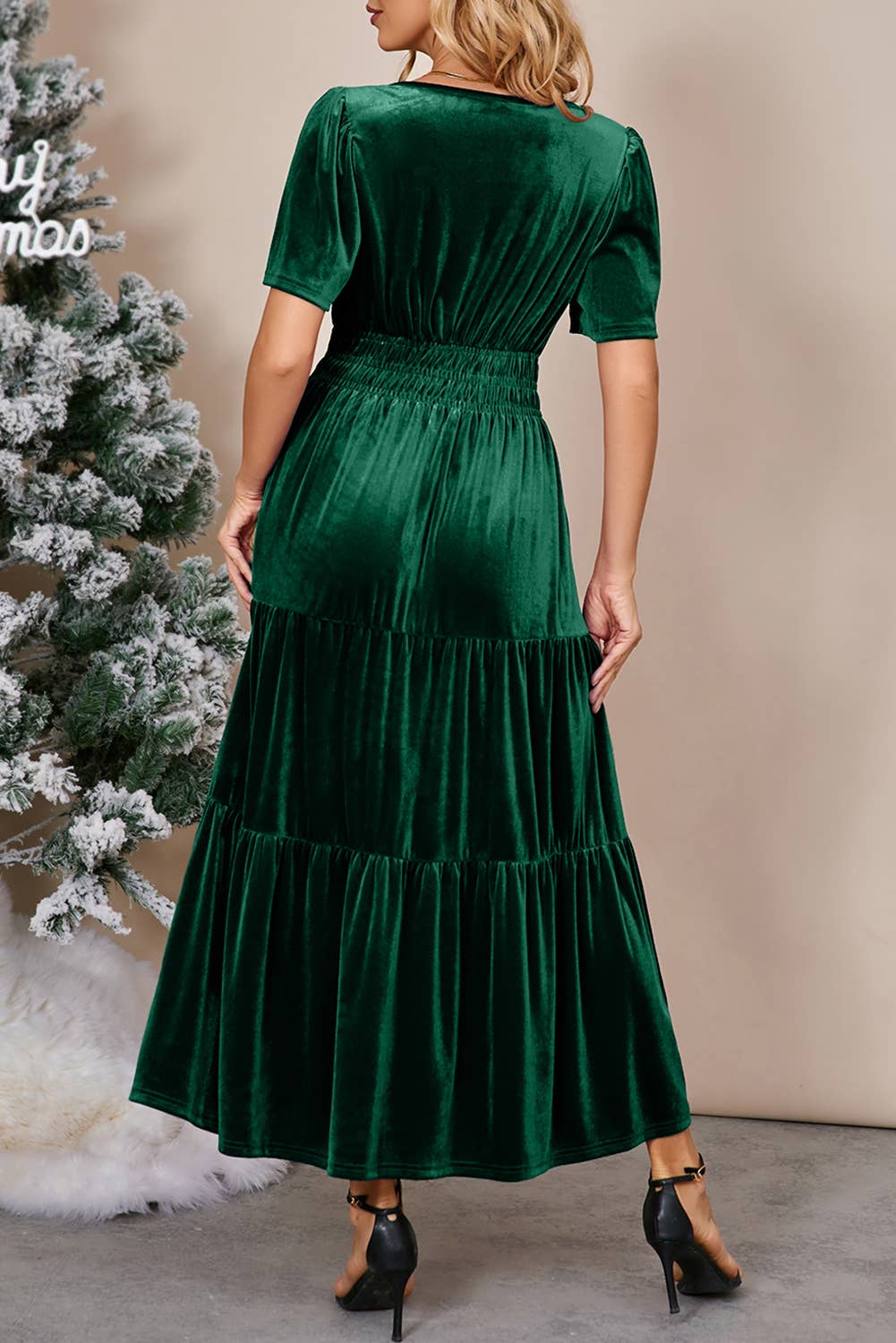 Chic Velvet Shirred Waist Tiered Fall Maxi Dress