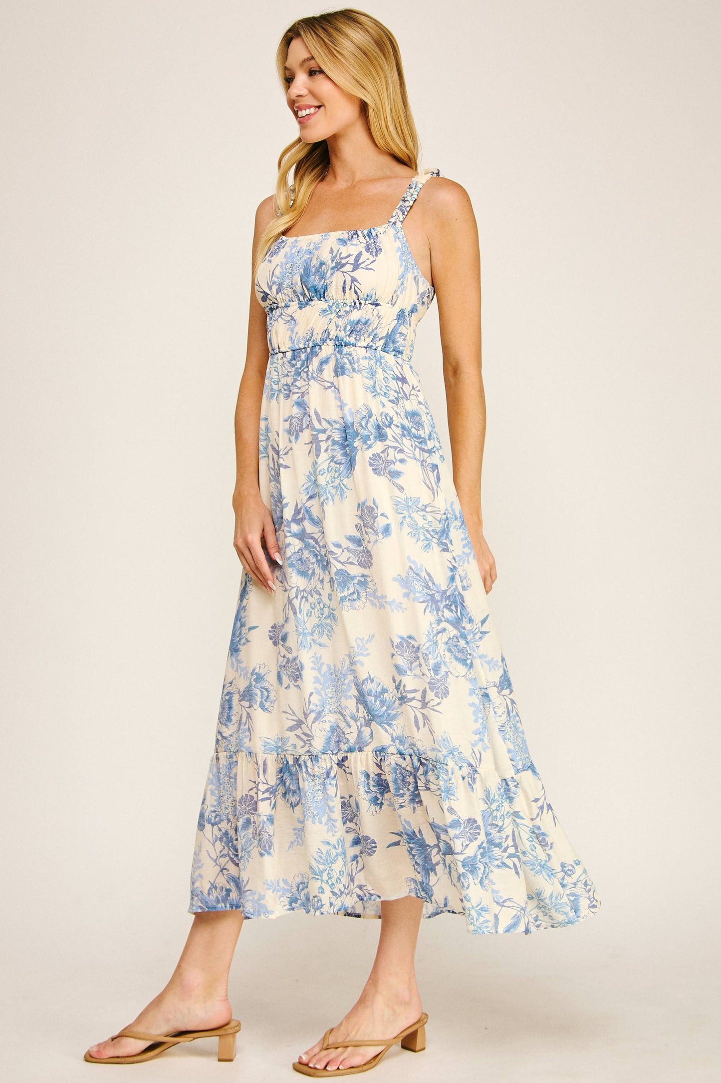 Juliette Soft Blue Floral Midmaxi Dress - Blue/Cream