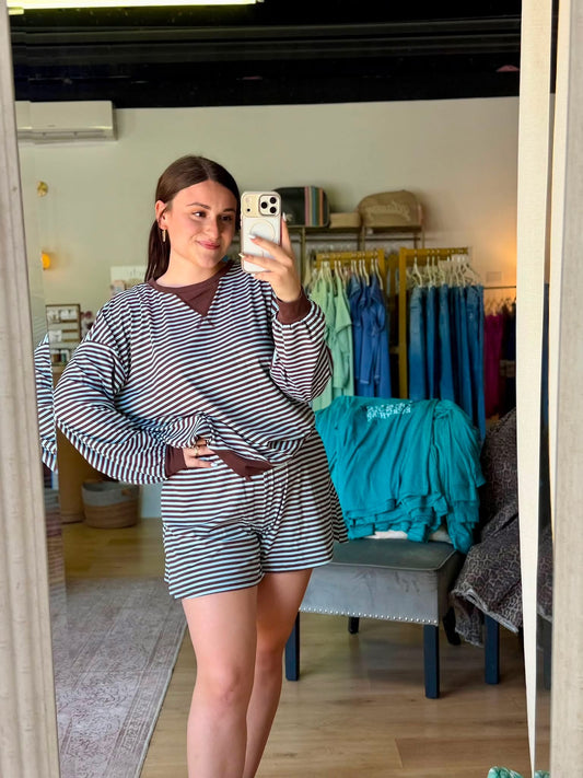 Striped Print Long Sleeve Set: Brown Stripe