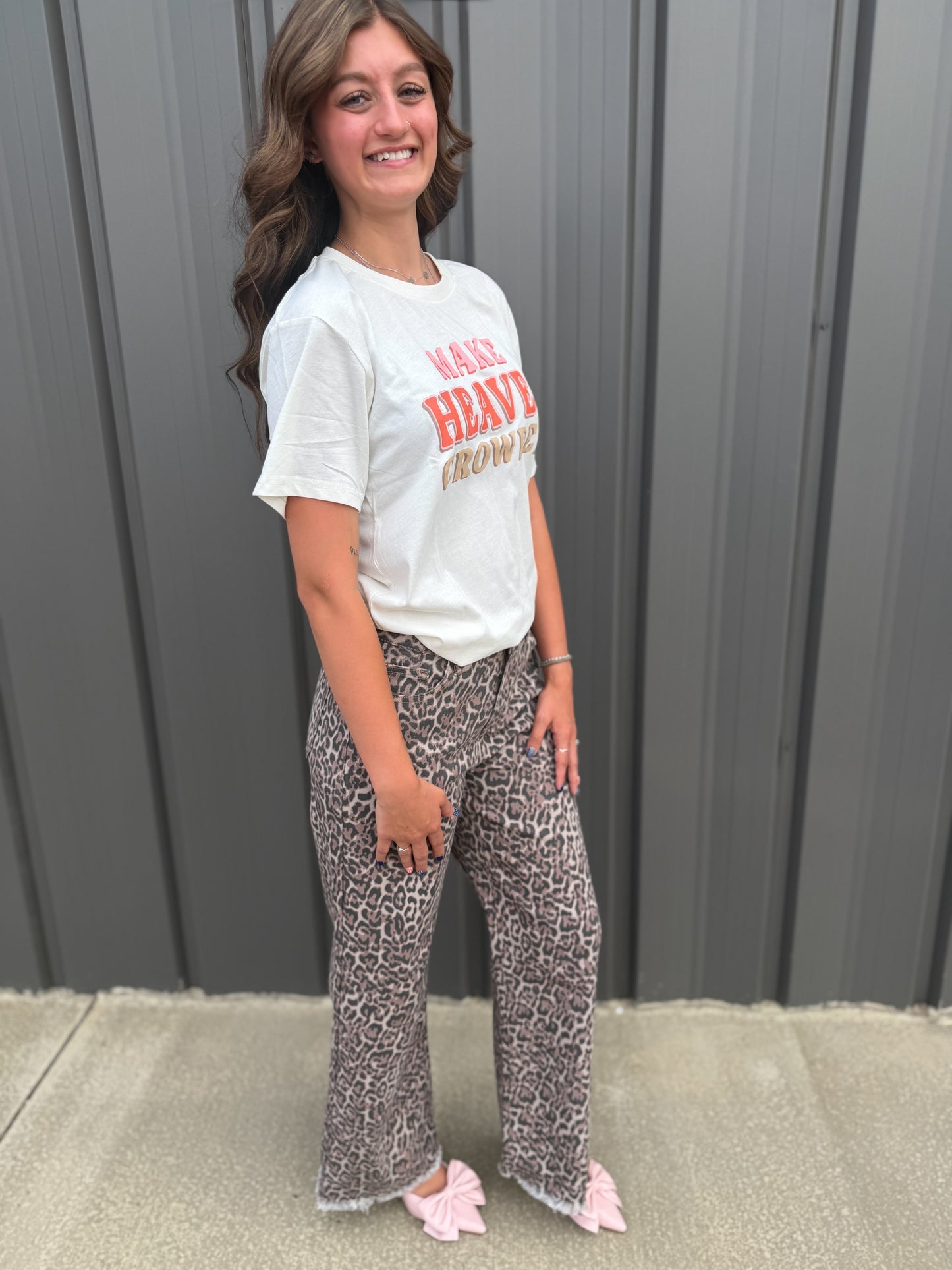 Spring Leopard Frayed Edge Wide Leg High Waist Jeans: Brown