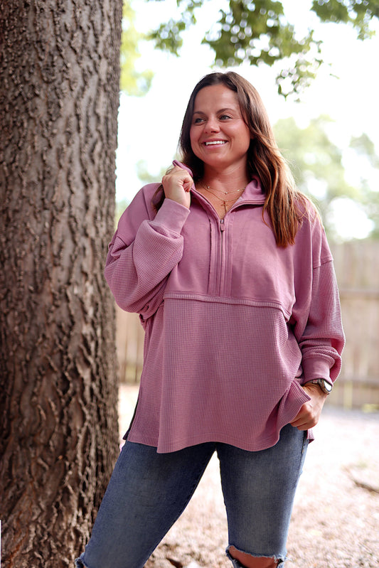 Ready or Not Waffle Quarter Zip - (Dusty Rose)