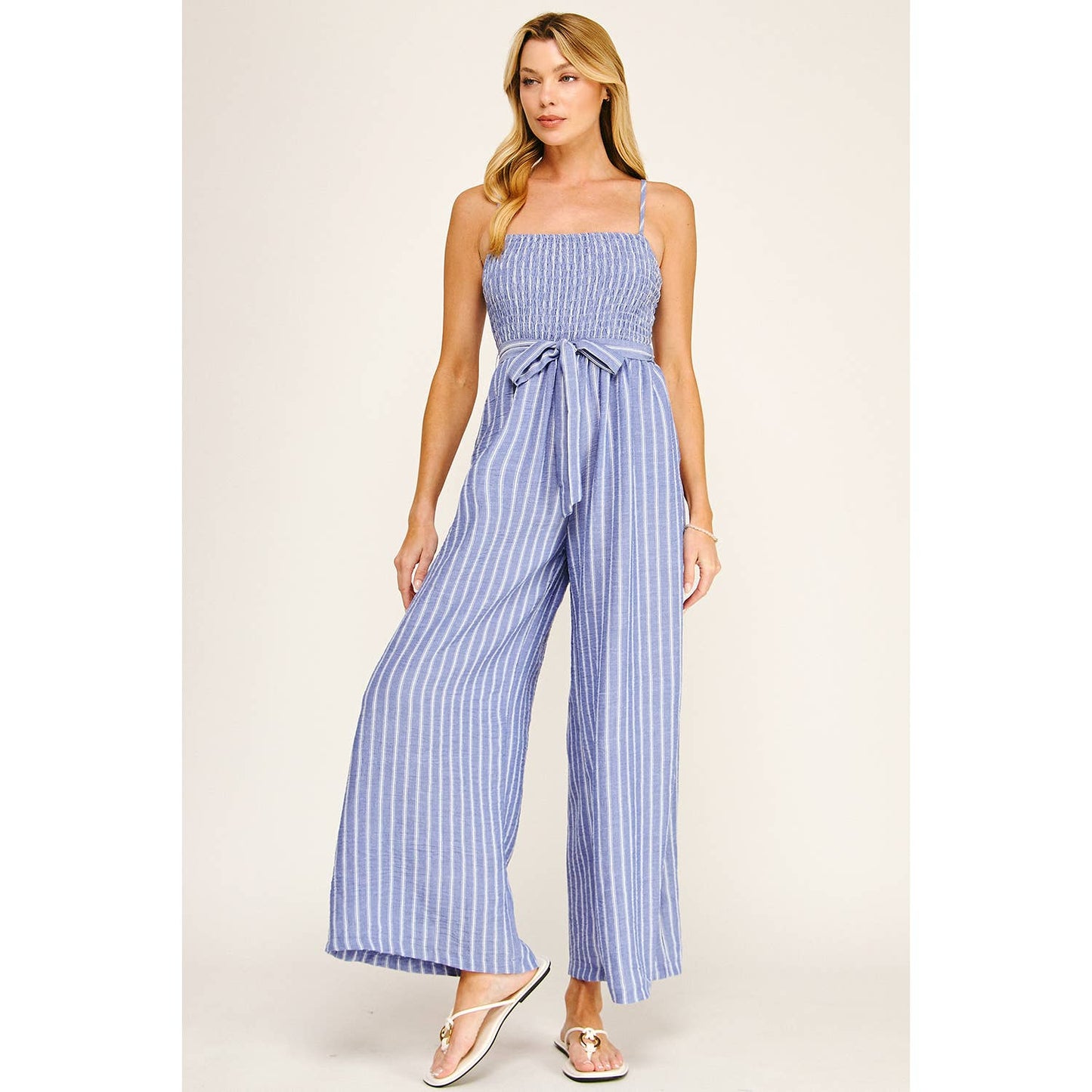 Coastal Stripe Smocked Wide Leg Jumpsuit: Blue