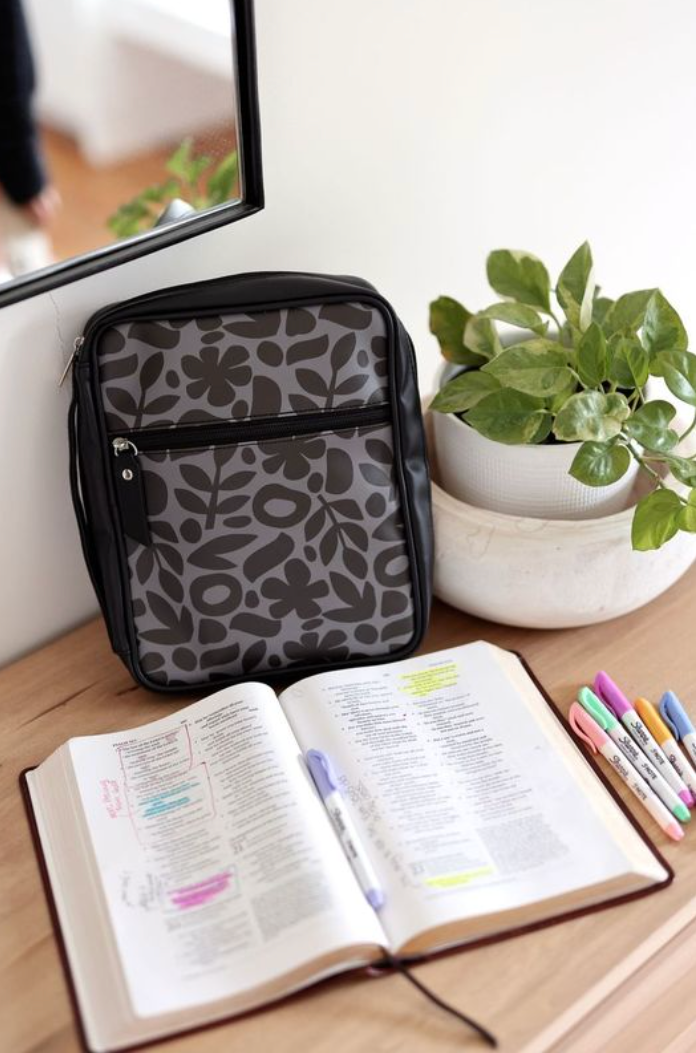 Bible Cover – Faith First Floral – Black/Grey