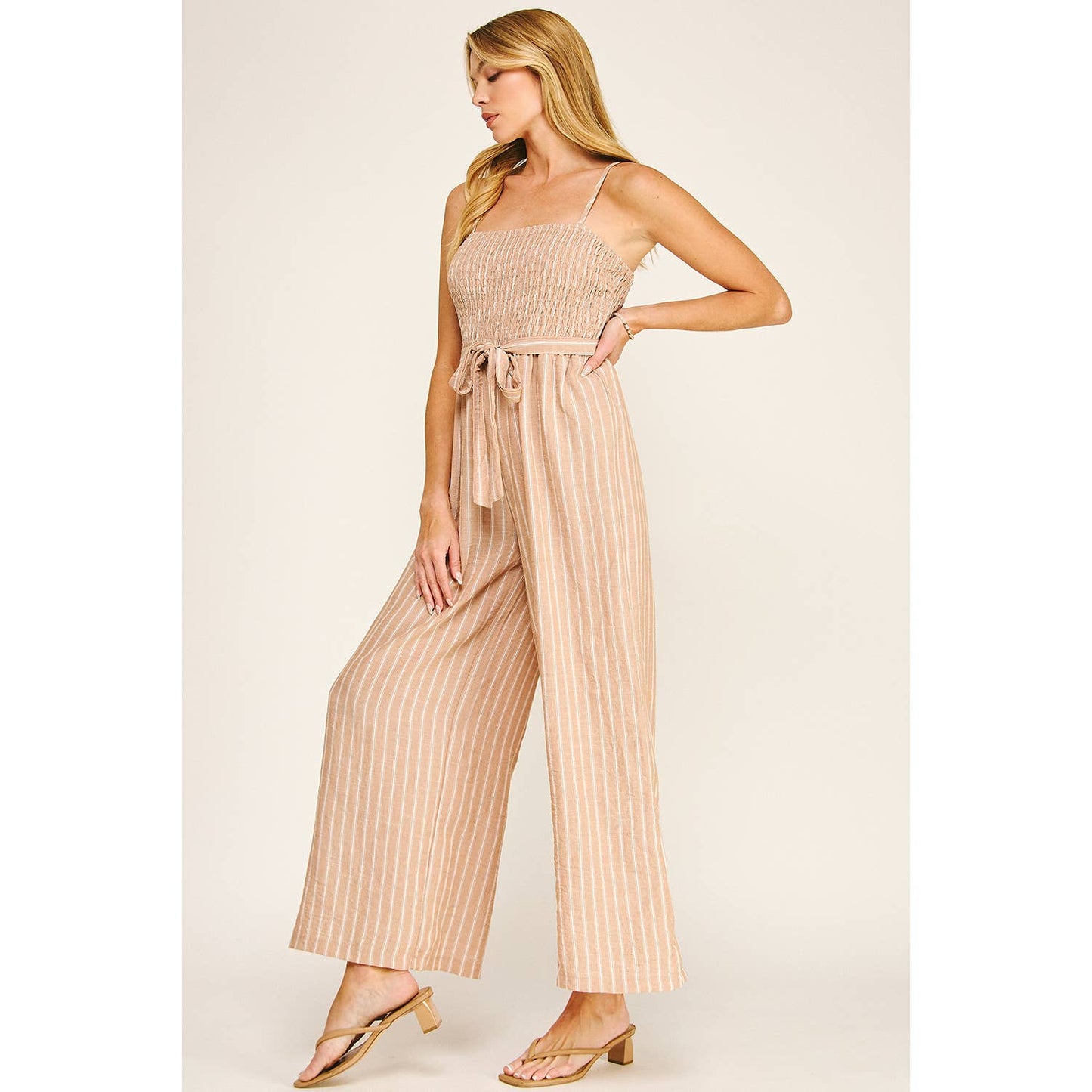 Coastal Stripe Smocked Wide Leg Jumpsuit: Tan