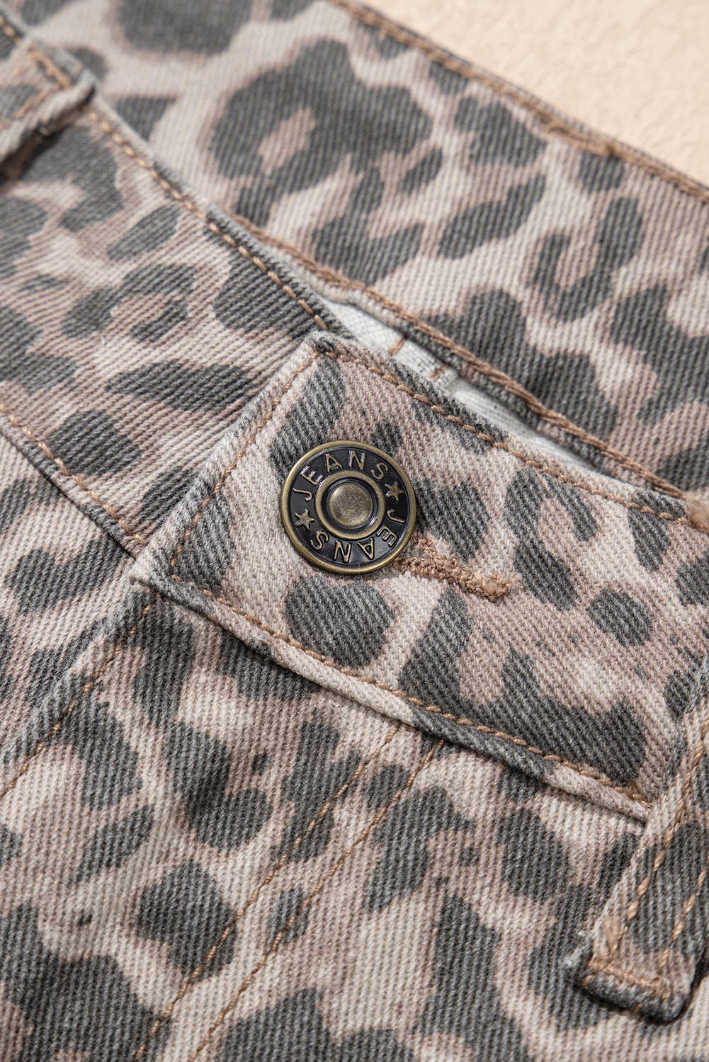 Spring Leopard Frayed Edge Wide Leg High Waist Jeans: Brown