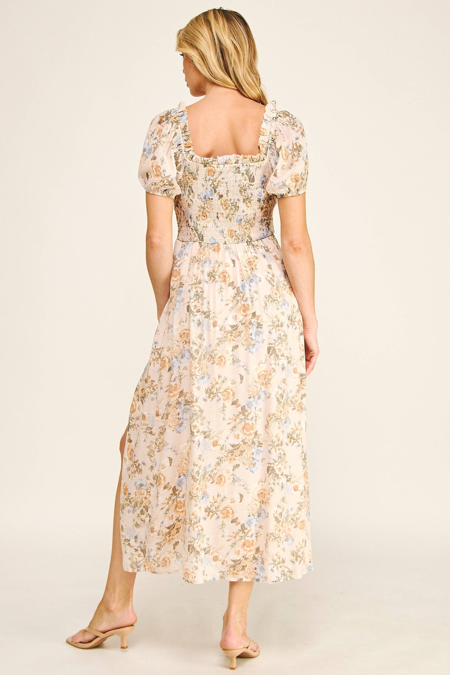 Sunlit Meadow Floral Maxi Dress: Tan
