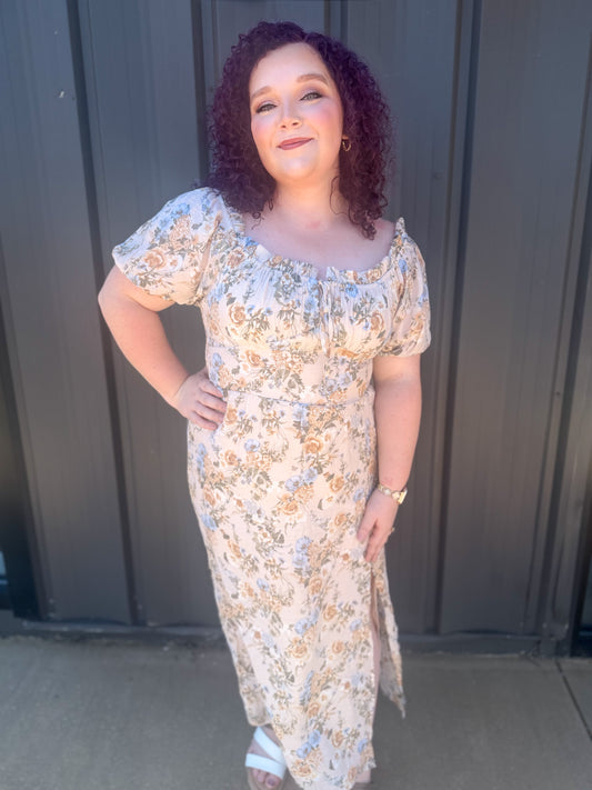 Sunlit Meadow Floral Maxi Dress: Tan