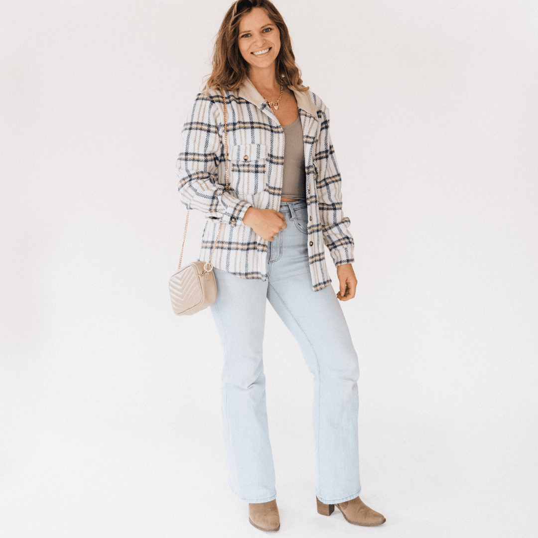 Cream & Navy Plaid Flannel Hoodie