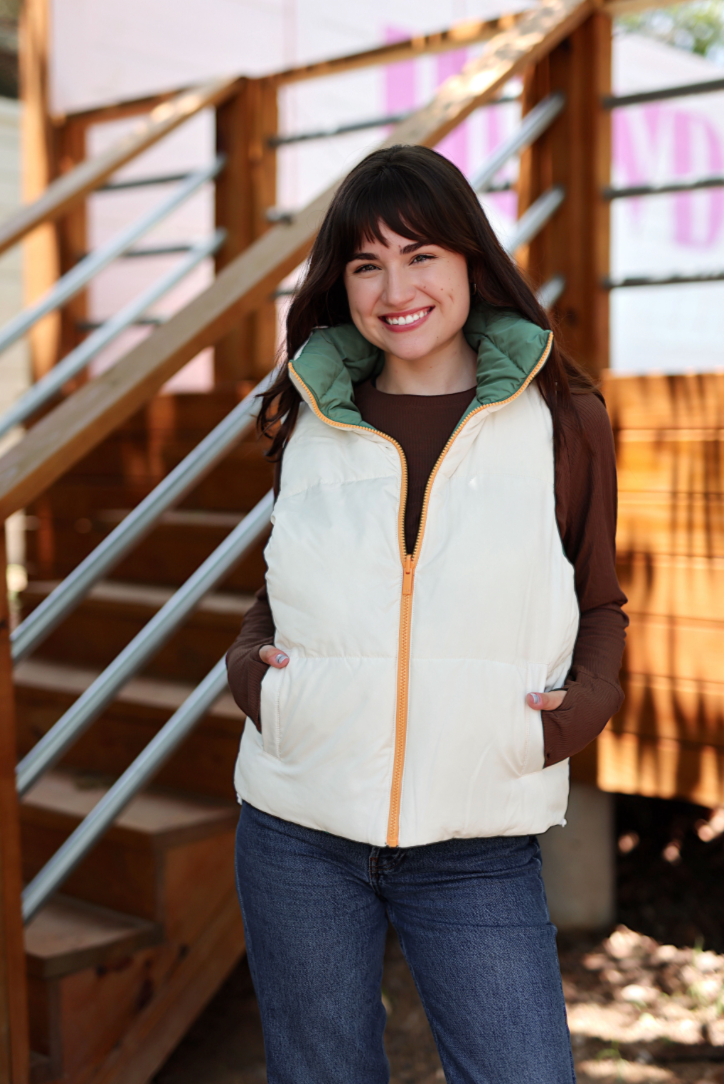 Reversible Quilted Puffer Vest- Olive/Cream