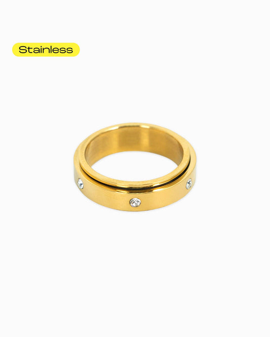 Stainless Anti Anxiety Fidget Crystal Orbit Calm Spinner Ring: Gold