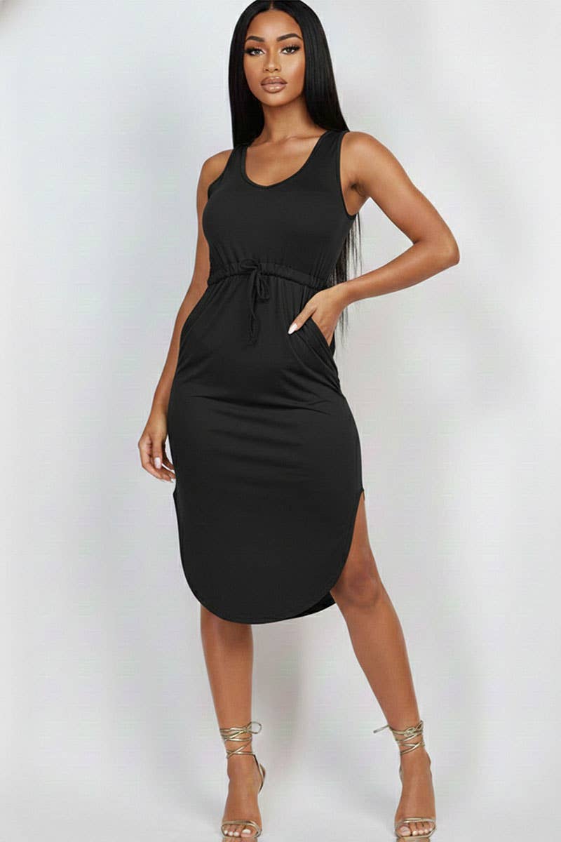 Drawstring Sleeveless Midi Dress: Black