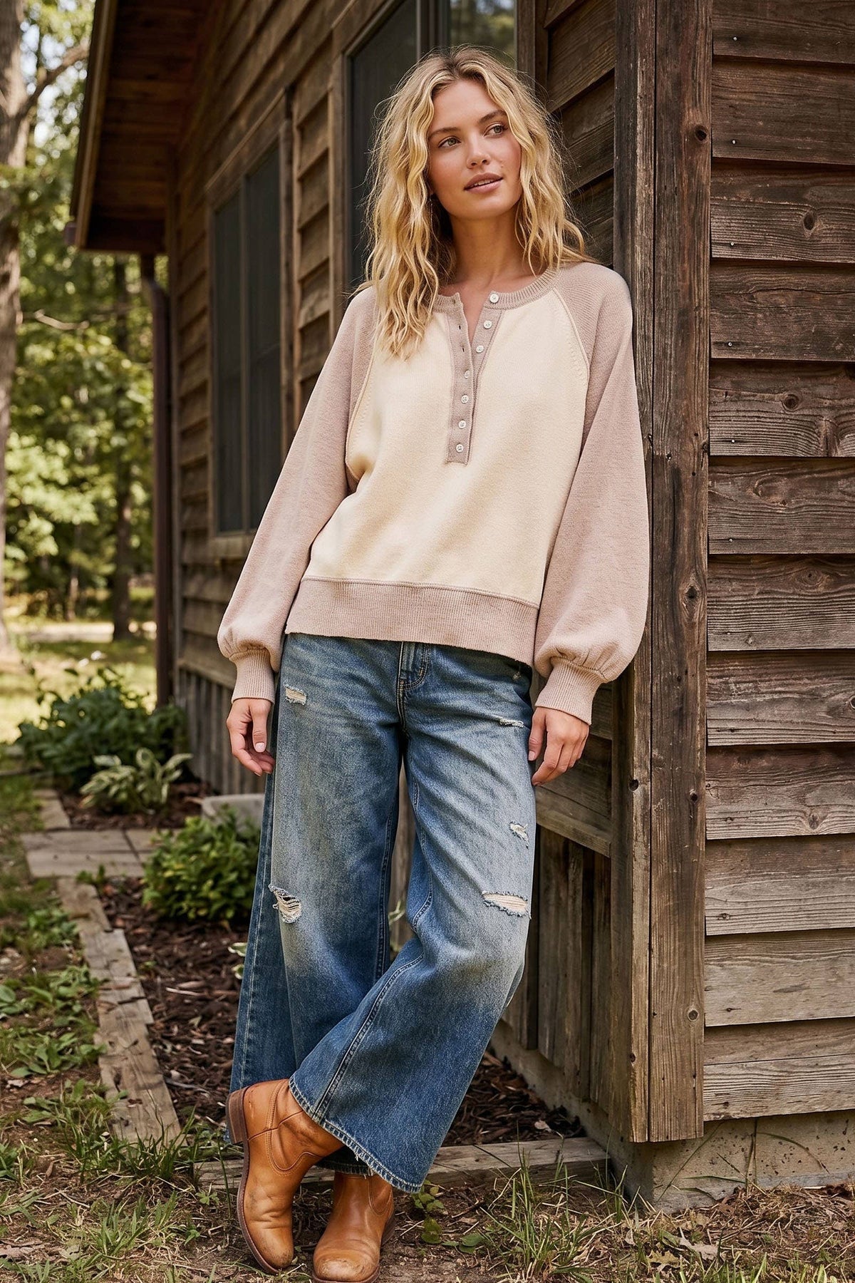 Color Block Henley Sweater: Taupe/Cream