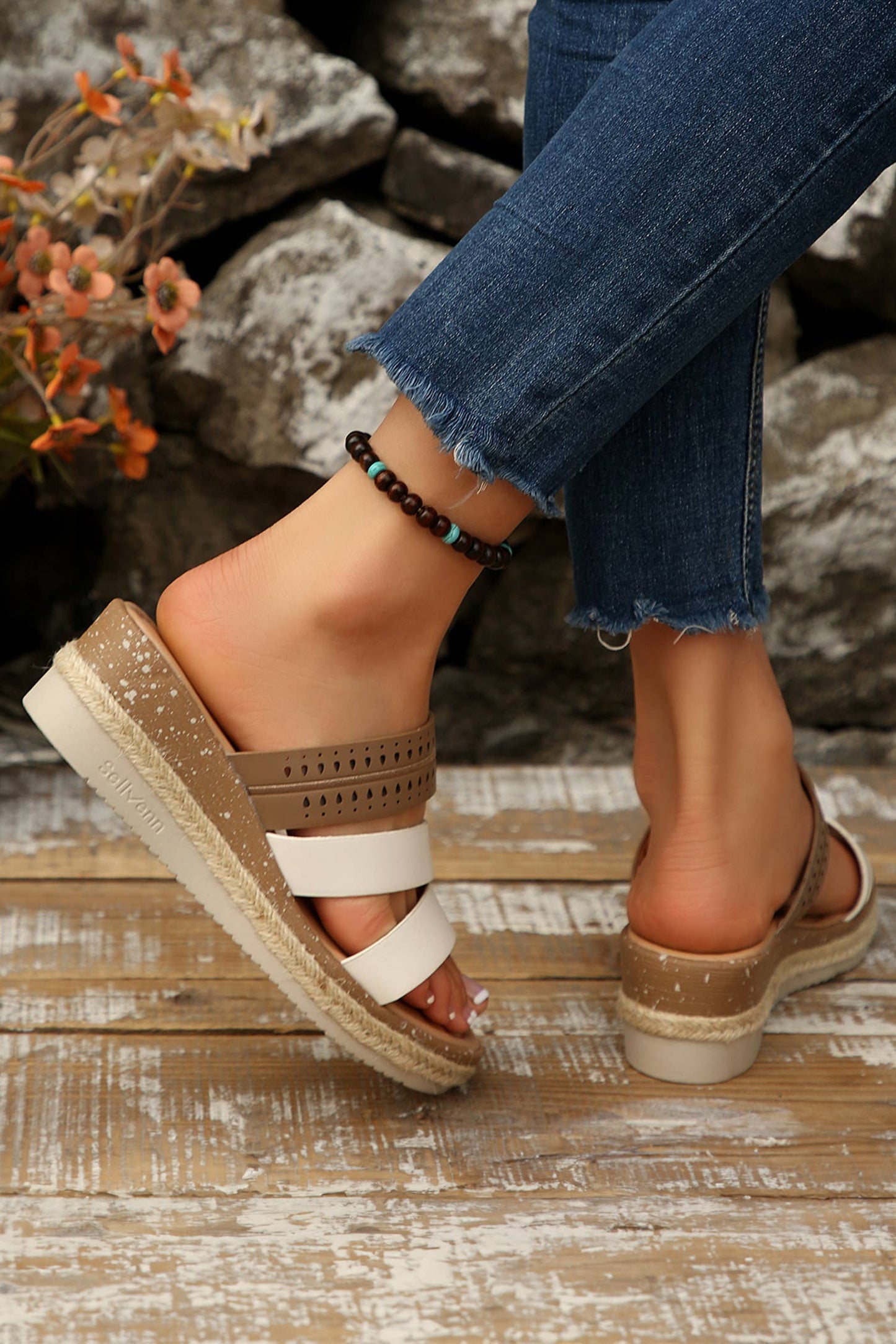 Hollowed Detail Color Block Straps Platform Wedge Slides: Coffee