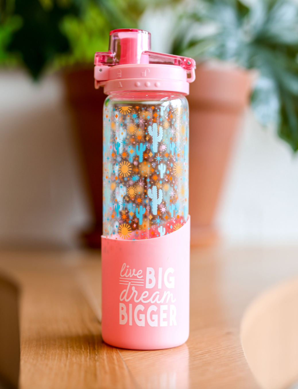 Glass Water Bottle (Pink) - Live Big Dream Bigger
