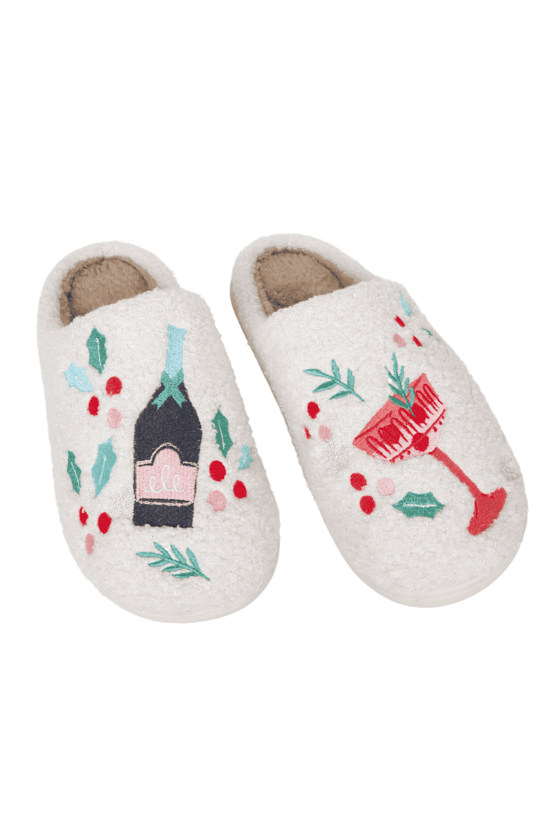 Christmas Champagne, Coupes & Holly Slippers for Women: White