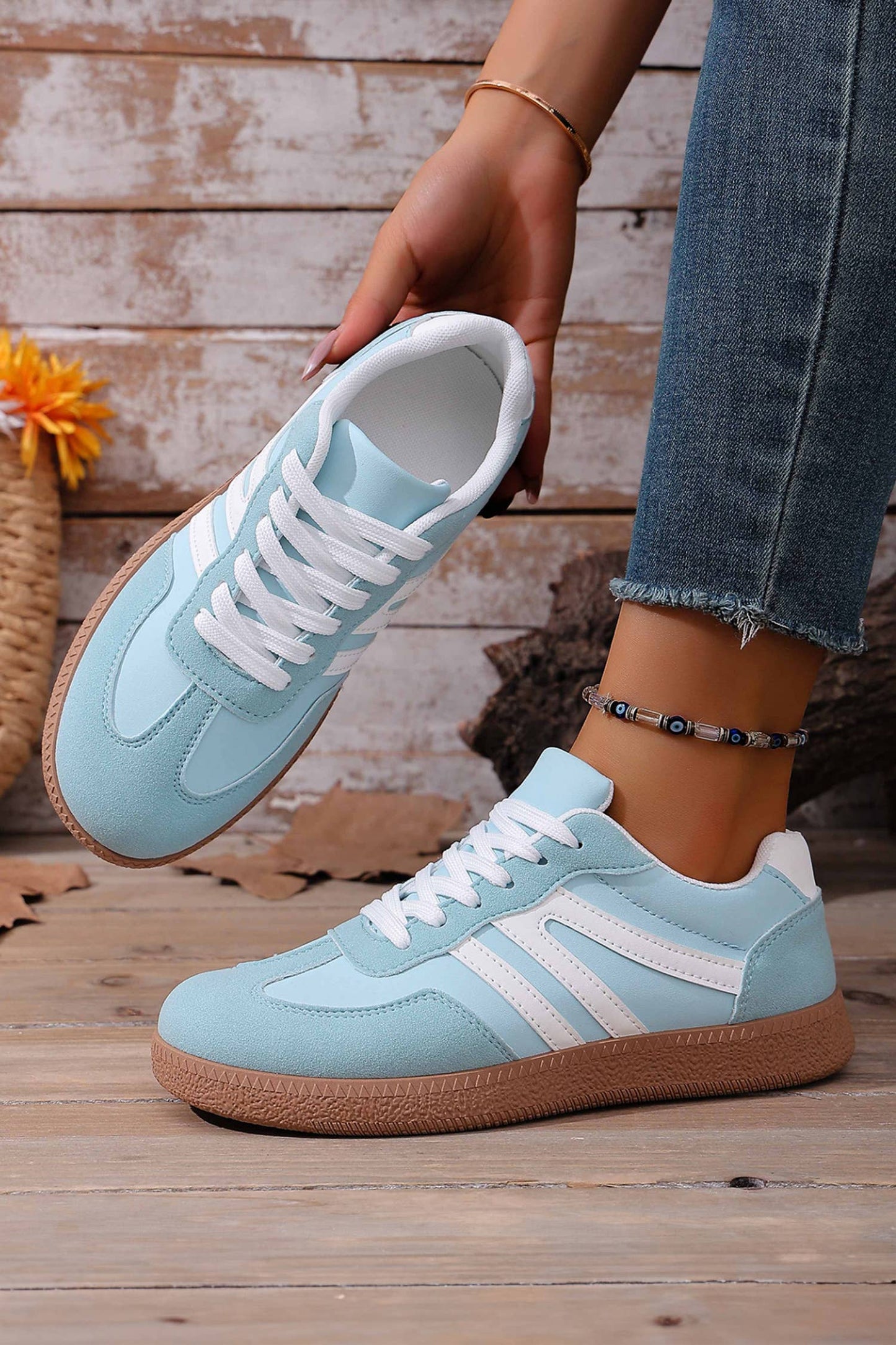 Faux Suede PU Leather Color Block Patchwork Lace-up Shoes: Dusk Blue