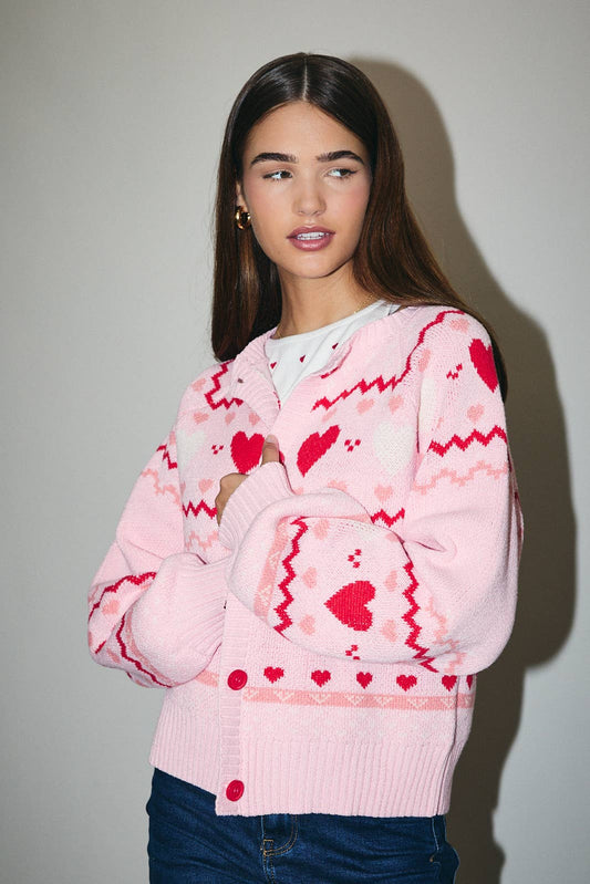 ROUND NECK LONG SLEEVE "HEART" PATTERN SWEATER CARDIGAN: PINK