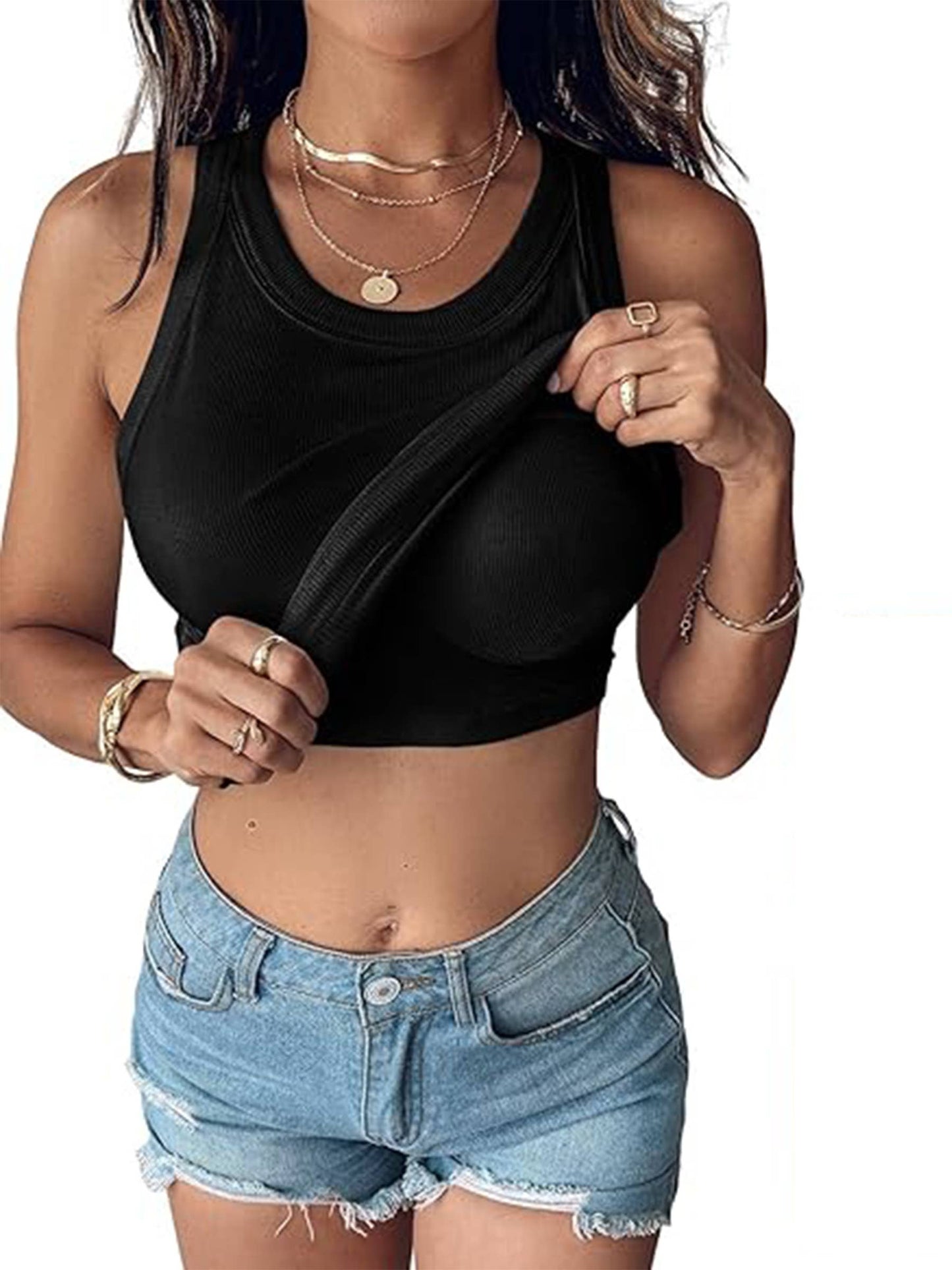 Solid Color Round Neck Tank Top With Built-in Bra Pads