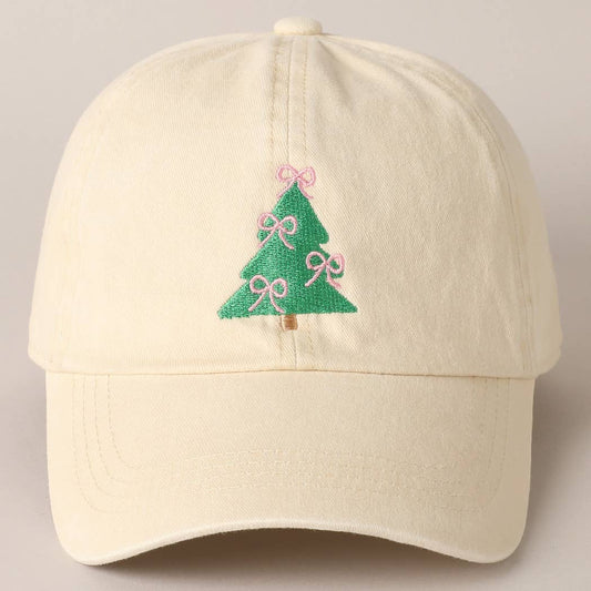 Christmas Tree Embroidery Baseball Cap: Beige / ONE SIZE