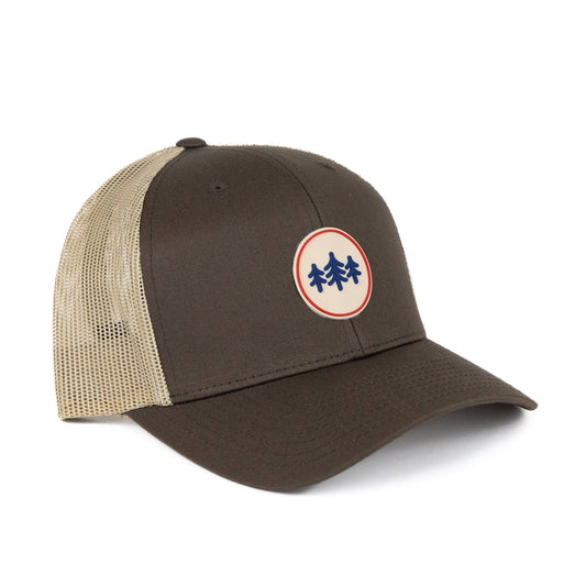 Coin Patch Trucker Hat: Brown/ Tan
