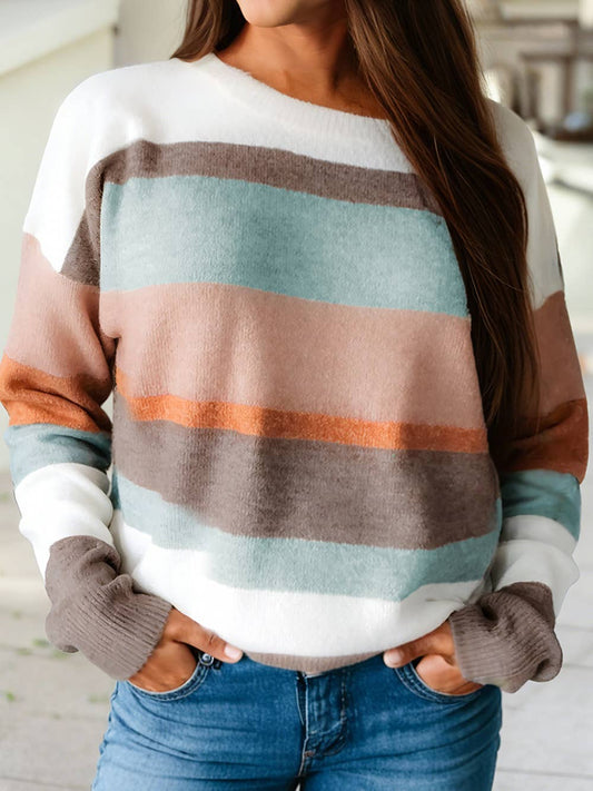 Striped Color Block Knit Drop Shoulder Sweater: White