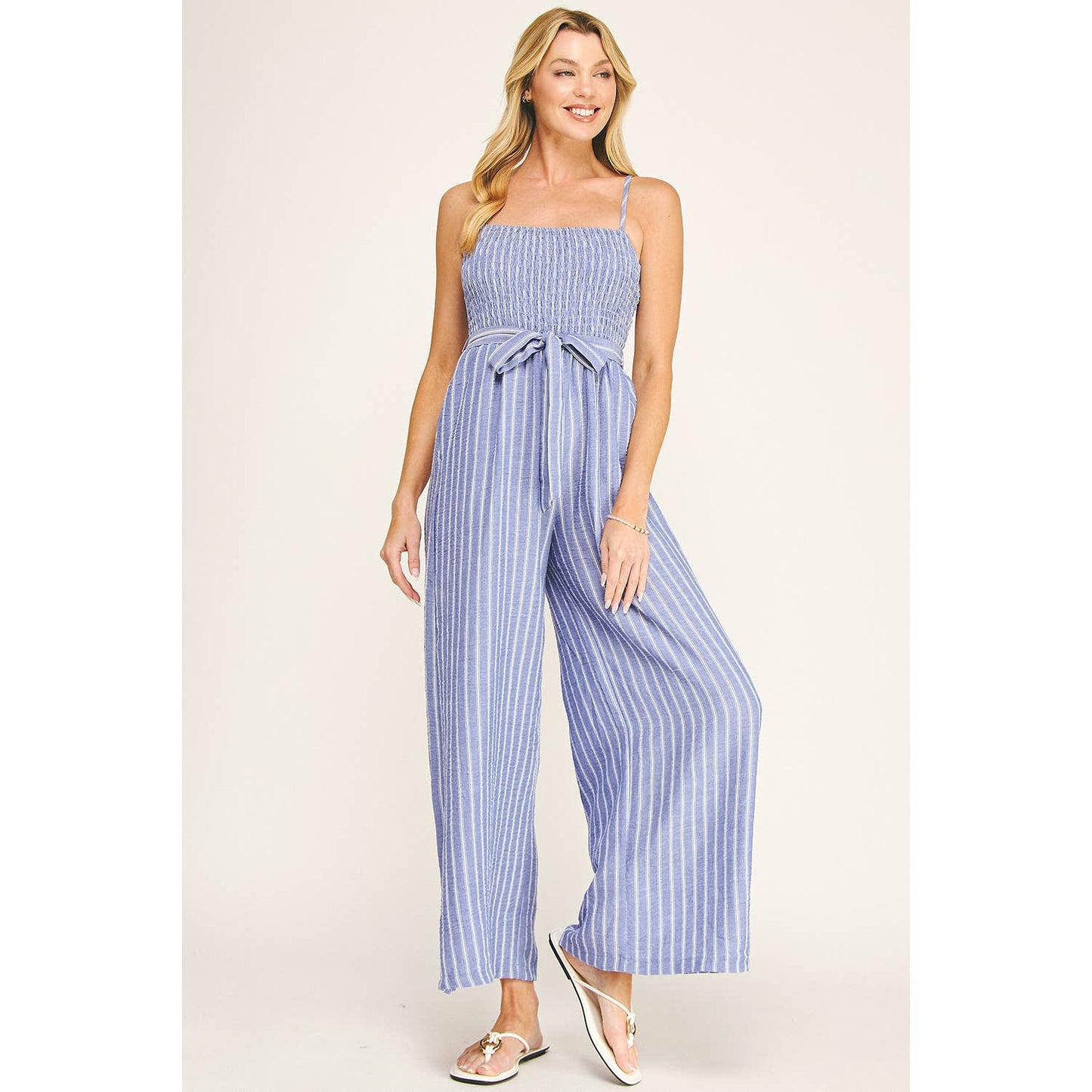 Coastal Stripe Smocked Wide Leg Jumpsuit: Blue