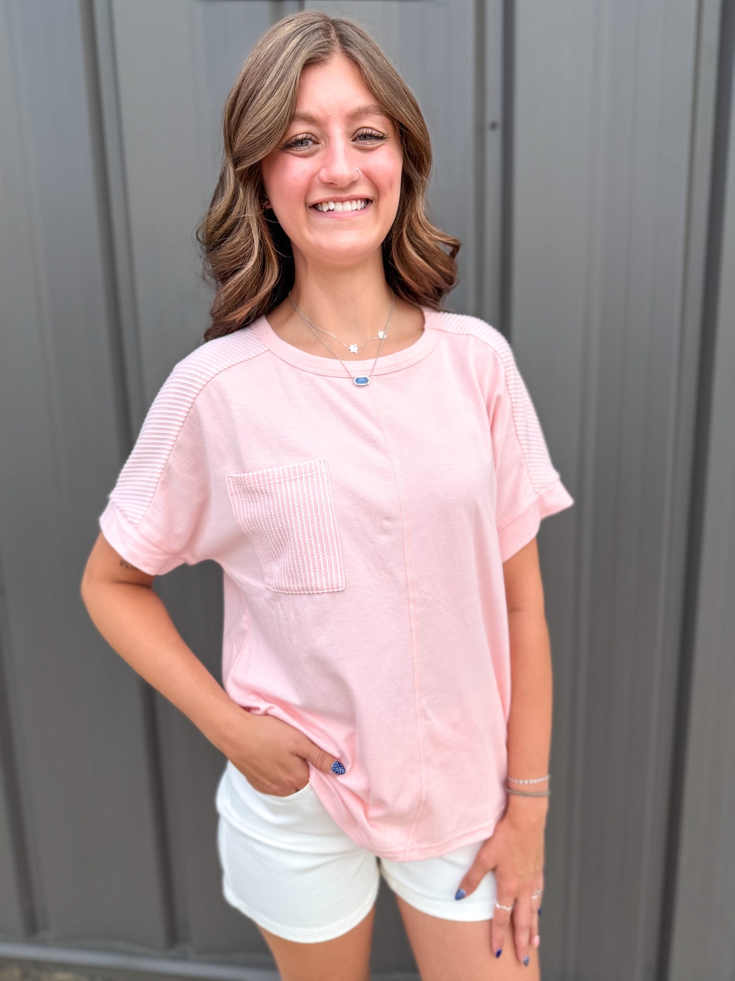 Simply Southern Boxy Patch Pocket Favorite Tee-Pink