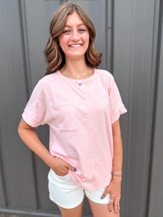 Simply Southern Boxy Patch Pocket Favorite Tee-Pink