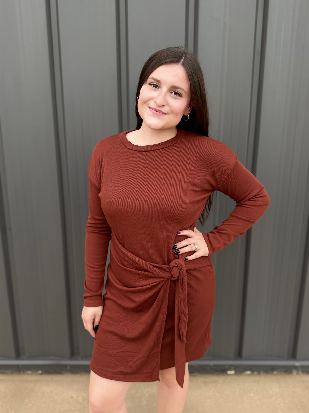 Crew Neck Long Sleeve Mini Dress: Dark Rust