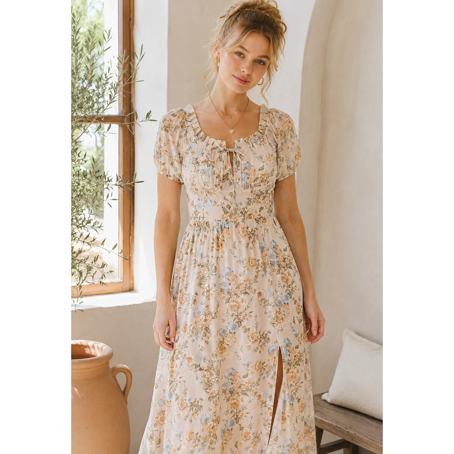 Sunlit Meadow Floral Maxi Dress: Tan