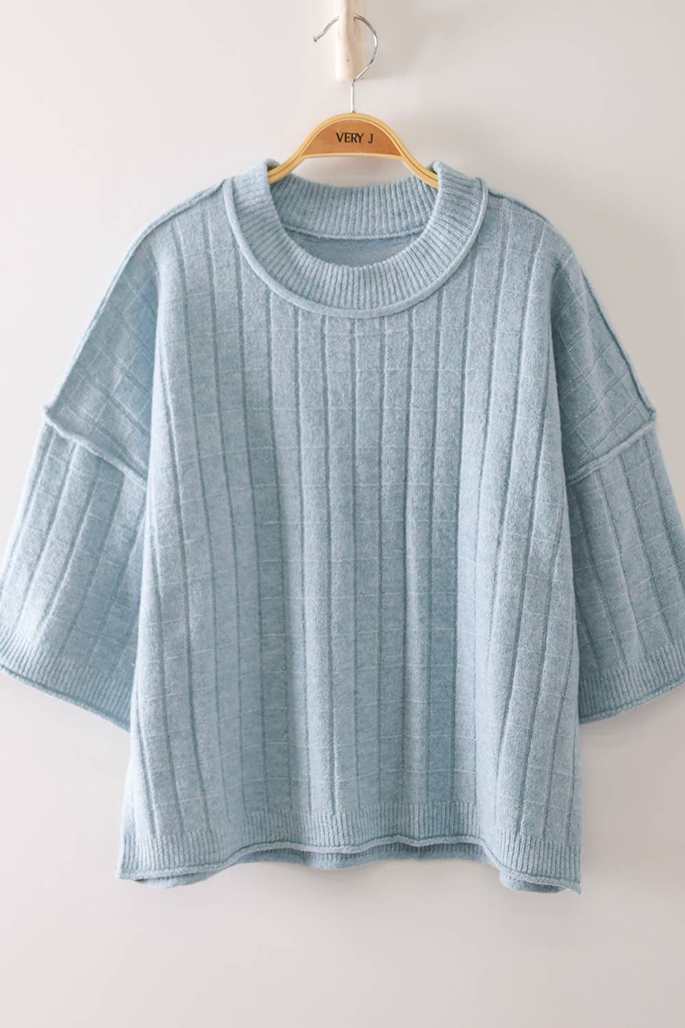 Cropped Length Ribbed Knit Sweater - Blue