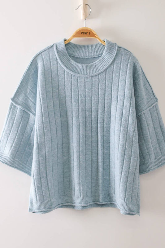 Cropped Length Ribbed Knit Sweater - Blue