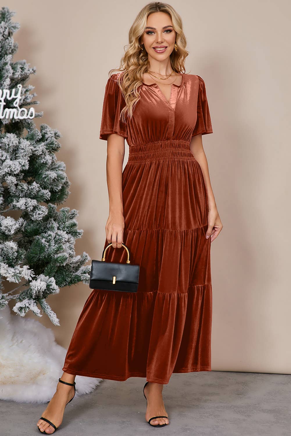 Chic Velvet Shirred Waist Tiered Fall Maxi Dress