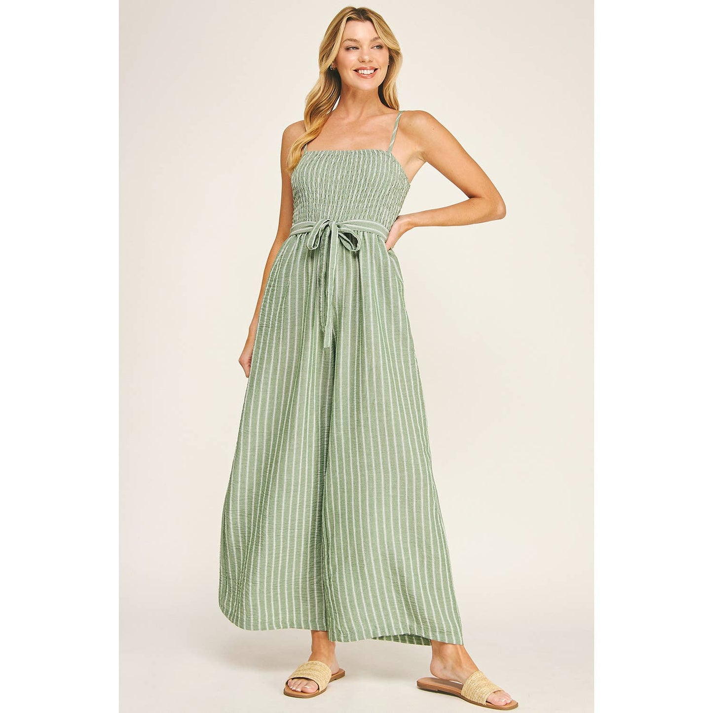 Coastal Stripe Smocked Wide Leg Jumpsuit: Sage