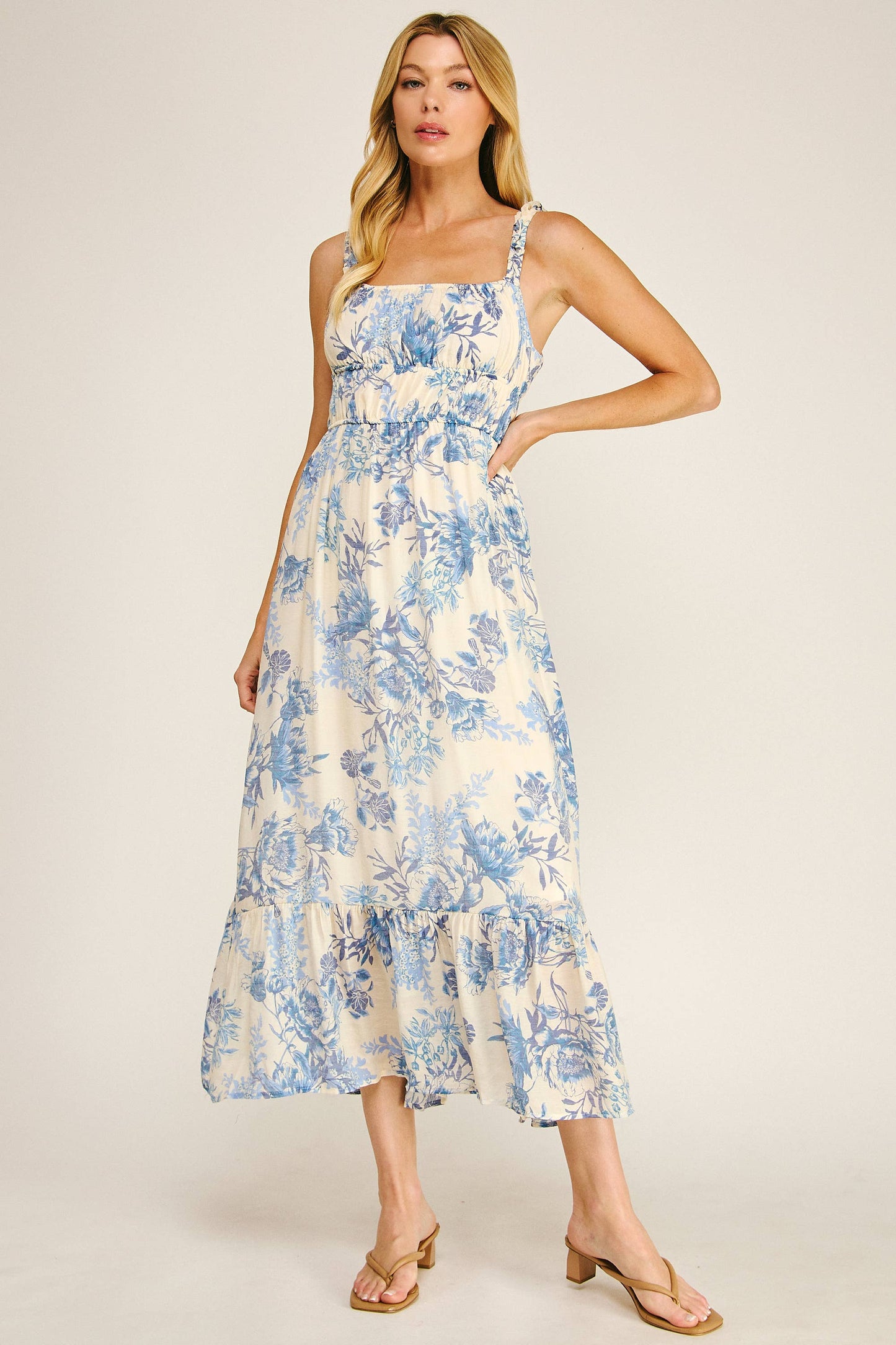 Juliette Soft Blue Floral Midmaxi Dress - Blue/Cream
