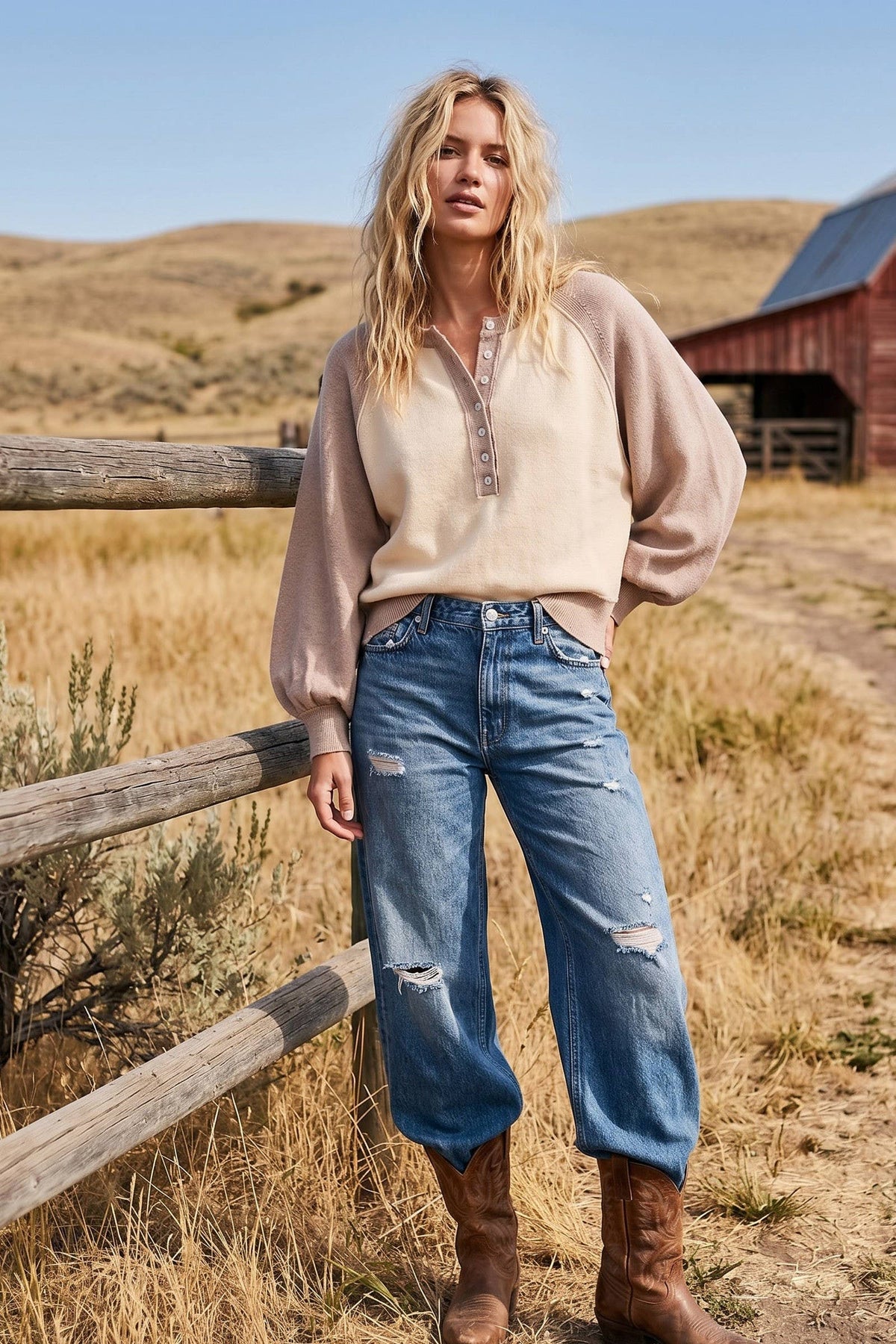 Color Block Henley Sweater: Taupe/Cream