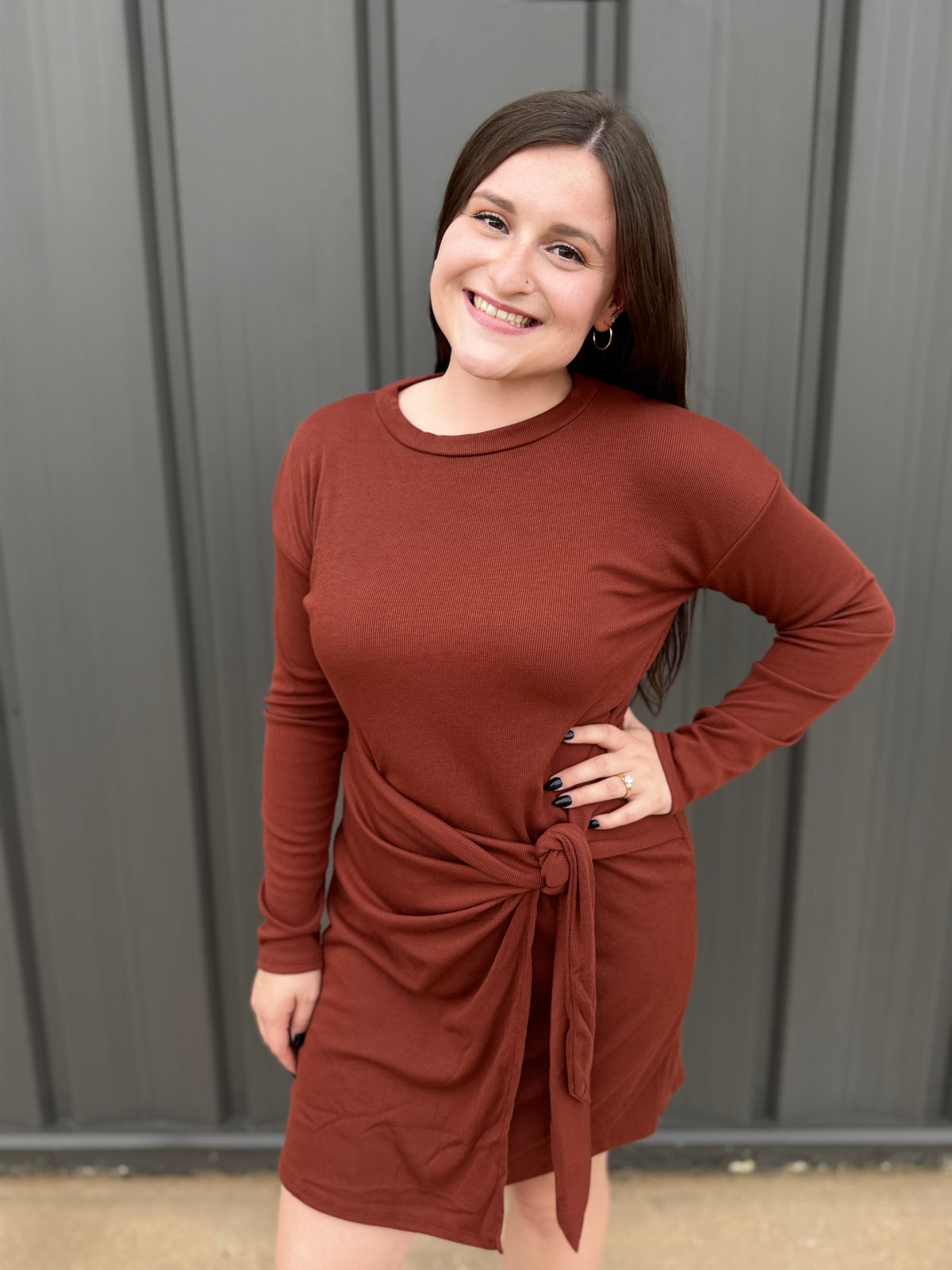 Crew Neck Long Sleeve Mini Dress: Dark Rust