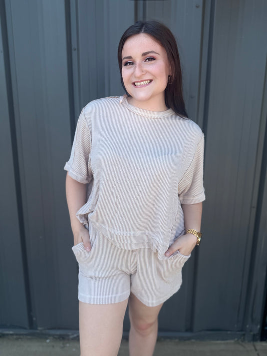 Everyday Ribbed Knit Comfy Top & Shorts Set: Oat