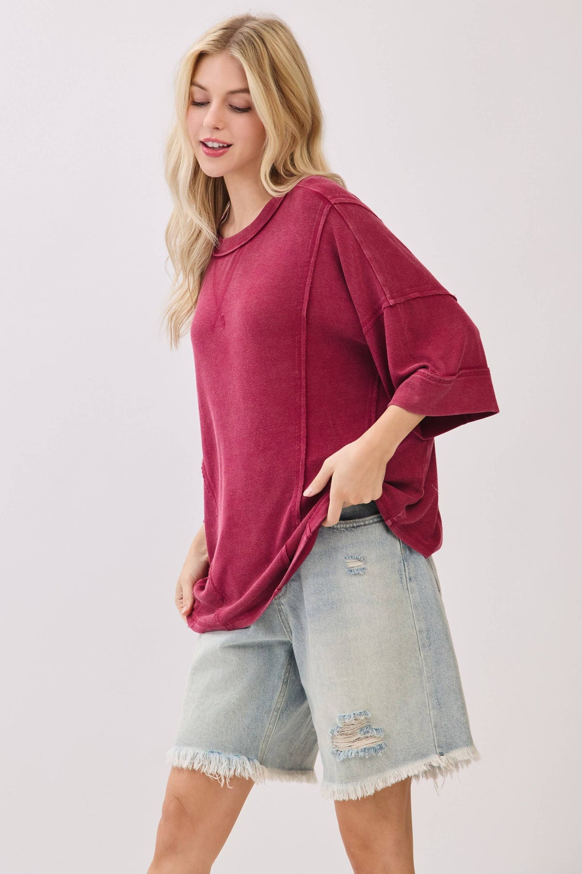 Gameday Mineral Washed Boxy Oversized Top: Burgundy